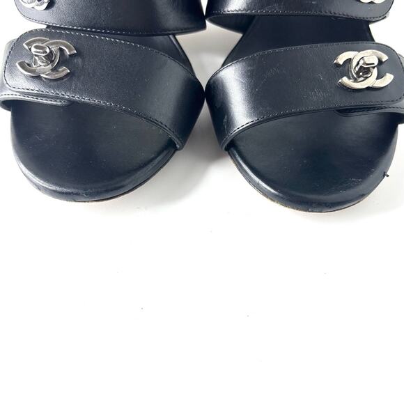 Chanel CC Logo Turnlock Black Leather Platform Heel Sandals 36.5 - Picture 5 of 8